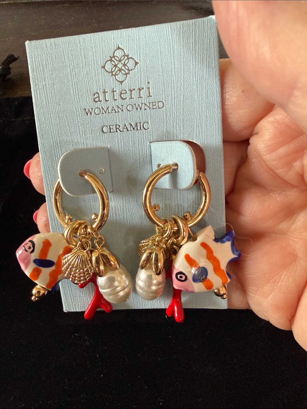 Atterri Gold Hoop Earrings with Colorful Ceramic Fish & Pearl Charms